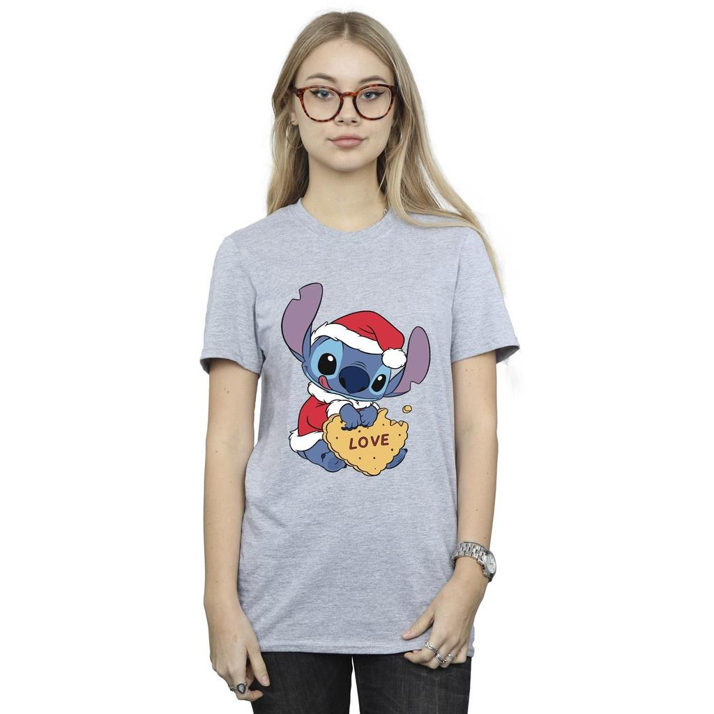 Disney Womens/Ladies Lilo And Stitch Christmas Love Biscuit Cotton Boyfriend T-Shirt