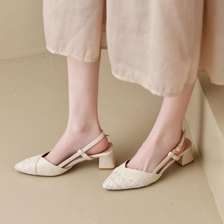 Xiaoxiangfeng Bag Head Thick Heel Single Shoes Female Pointed Head Spring 2025 New Rear Empty High Heels Fairy Versatile Sandals