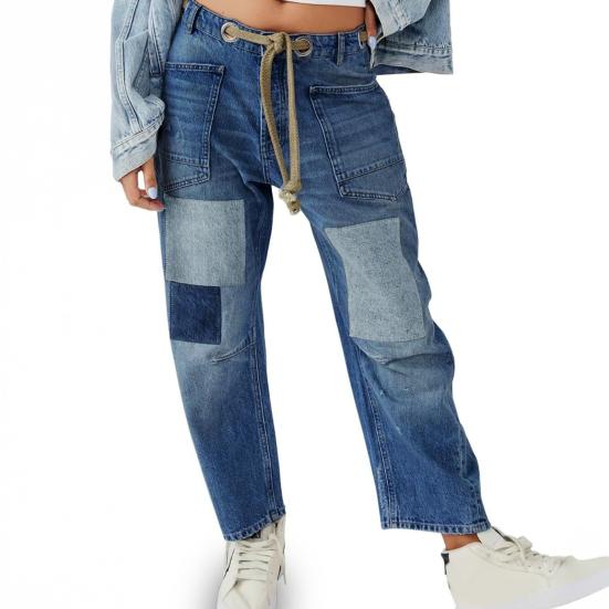Women's Wide Leg Barrel Jeans Low Rise Drawstring Denim Ankle Pants Elastic