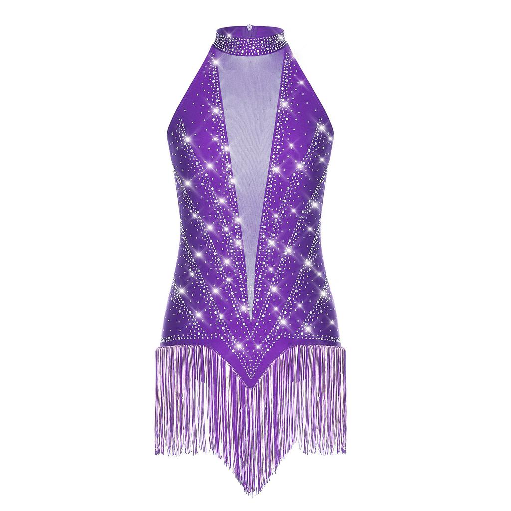 Женский трико для латиноамериканских танцев без рукавов, с прозрачными сетчатыми вставками, расшитый блестящими стразами и бахромой, костюм для танго