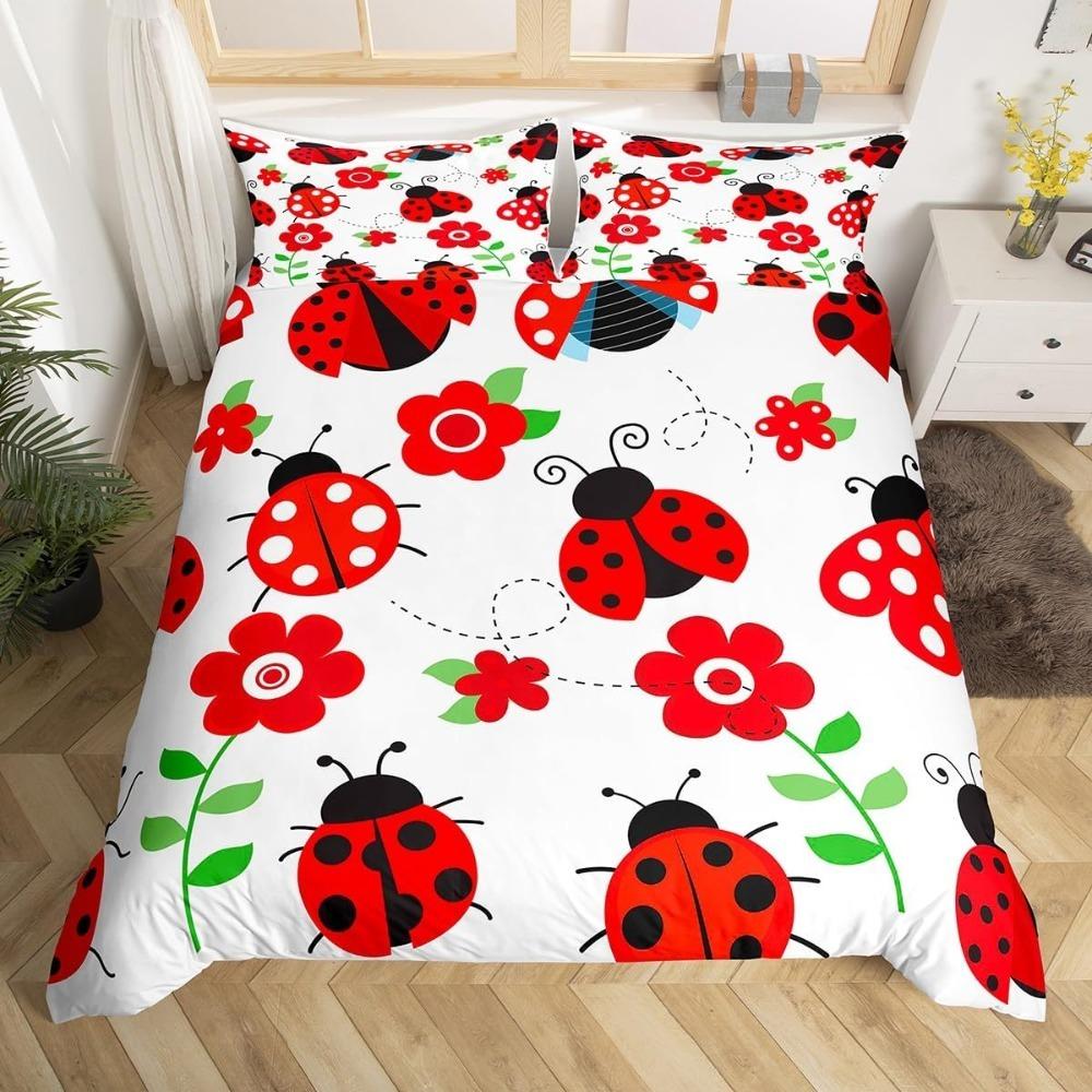 Cute Ladybug Bedding Set, Red Flower Pattern Boys, Girls Adult Bedding Microfiber Duvet Cover Zipper Duvet Cover And2 Pillowcase