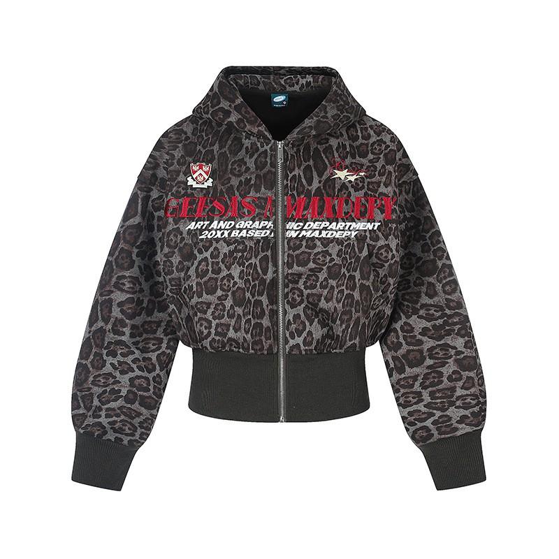 Womens Vintage Leopard Print Hooded Zip Sweatshirt 2026 Fall Slim Waist Short Outerwear