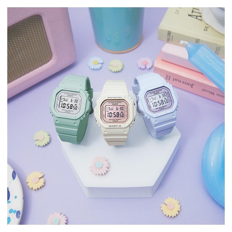 Casio Маленькие квадратные часы BABY-G, весенне-летний макаронный студенческий парный браслет, электронный механизм, полимерный ремешок, японский и корейский BGD-565SC-4PR