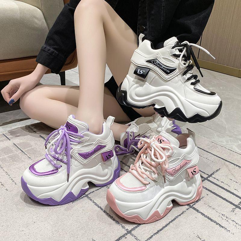 Women High Platform Leather Sneakers New Shoes 10CM Thick Sole Casual Shoes Chunky Dad Sports Sneakers