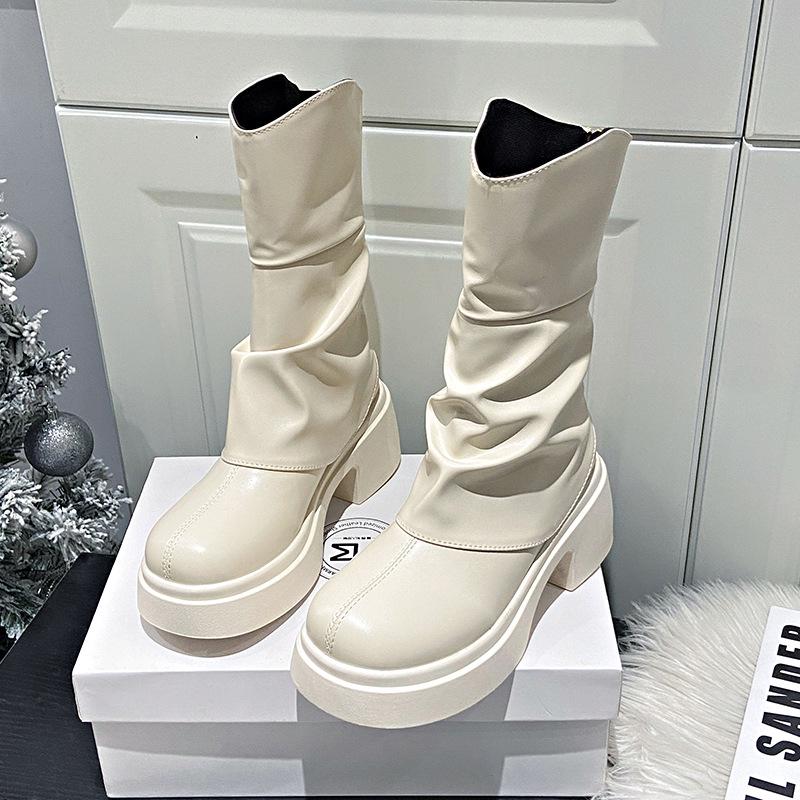 Плиссированные кремовые сапоги на толстом каблуке - 2025 осень/зима британская мода женские сапоги на высоком каблуке