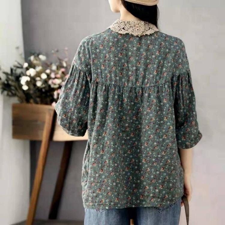Vintage Artistic Floral Print Cotton Linen Blouse Women Long Sleeve Top Casual Shirt Lace Patchwork Collar Autumn Button Asian Size