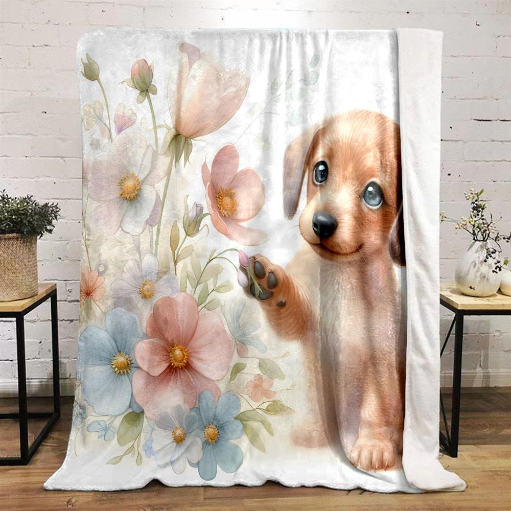 Puppy with Pastel Flowers Patterned flannel blanket perfect for the bedroom living room, sofa, or a little nap