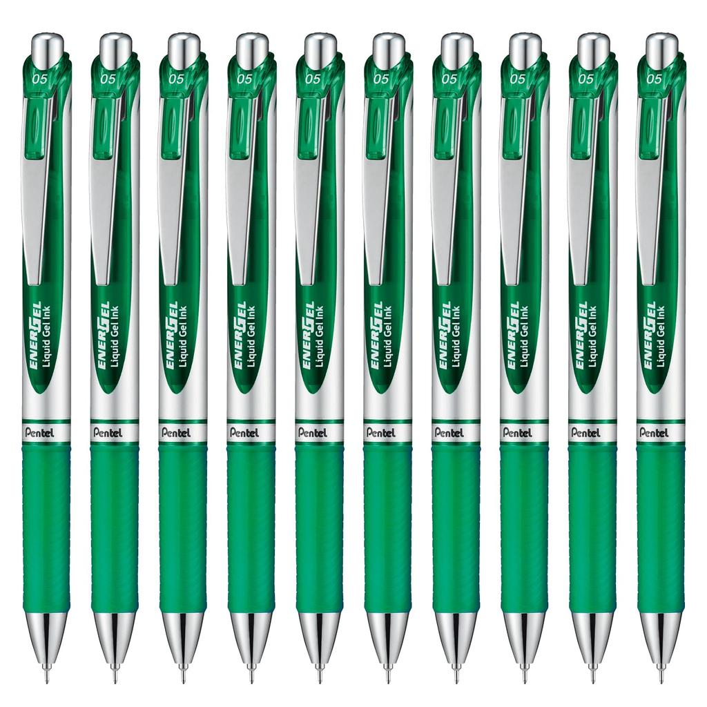 Pentel EnerGel Gel Ballpoint Silver 10 Pens Pen, Retractable, 0.5mm, Barrel, Green,