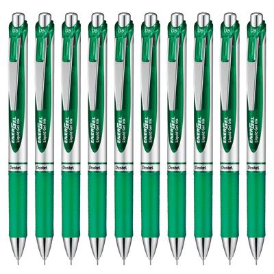 Pentel EnerGel Гелевая шариковая ручка Серебряная 10 ручек Ручка, Выдвижная, 0,5 мм, Корпус, Зеленый,