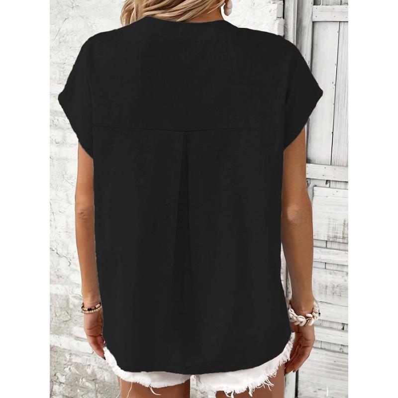 Summer Short Sleeve Loose Women Blouse New V-neck Button Retro Cotton Shirts Office Casual Simple Tops Shir… More