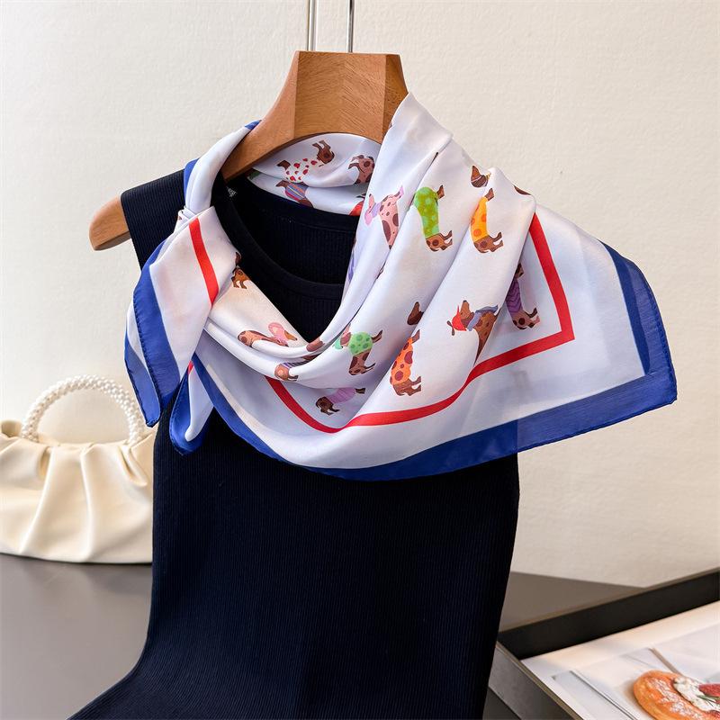 Light Luxury Dachshund Animal Printed Chiffon Square Scarf Shawl 70*70cm Versatile High-End Neck Wrap for Women