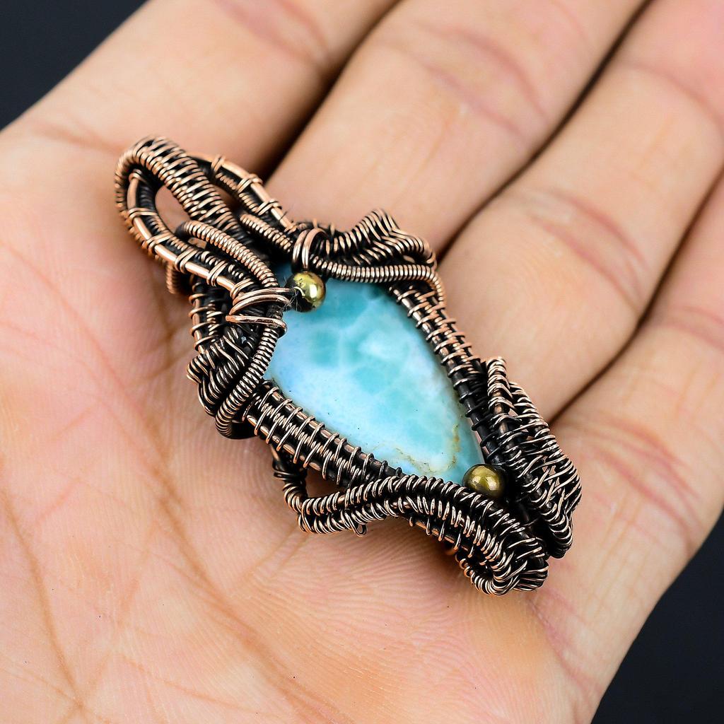 Красивый ларимар драгоценный камень медная проволока обертывание ручной работы кулон ювелирный подарок для любви