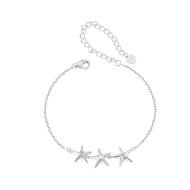 WOSTU 925 Sterling Silver Blue Opal Starfish Chain Bracelet For Women Cute Ocean Animal Adjustable Link Girl Party Birthday Gift