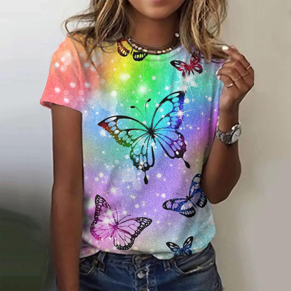 New O-neck 3d Butterfly Print T-shirt Women's Summer Fashion Short-sleeved Blouse Oversized Summer Clothing