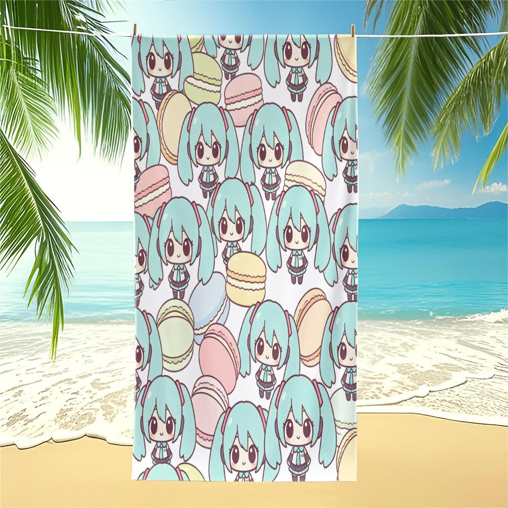 Cute Chibi Hatsune Miku Beach Towel HD Print Pool Towel Camping Bath Towel Blanket Lightweight Absorbent for Teens Beach Pool