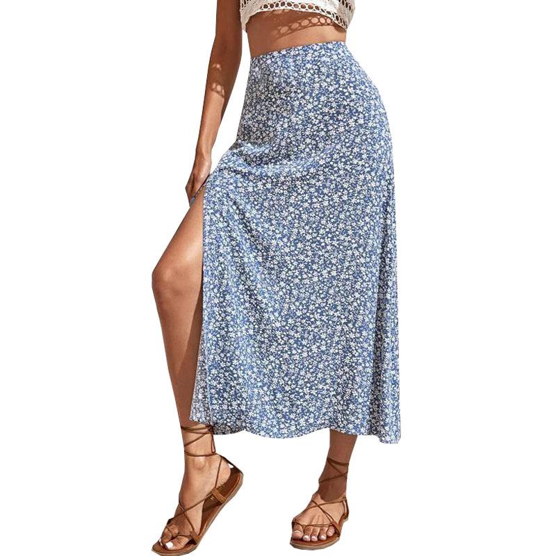 Summer Floral Half-body Skirt,Split A-line Package Hip Long Skirt