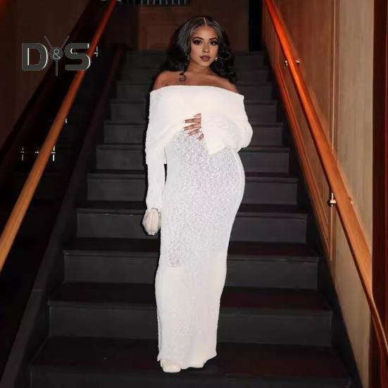 Вязаное платье макси для женщин с длинным рукавом, прозрачное открытое плечо, элегантное длинное платье для вечеринок, пляжа