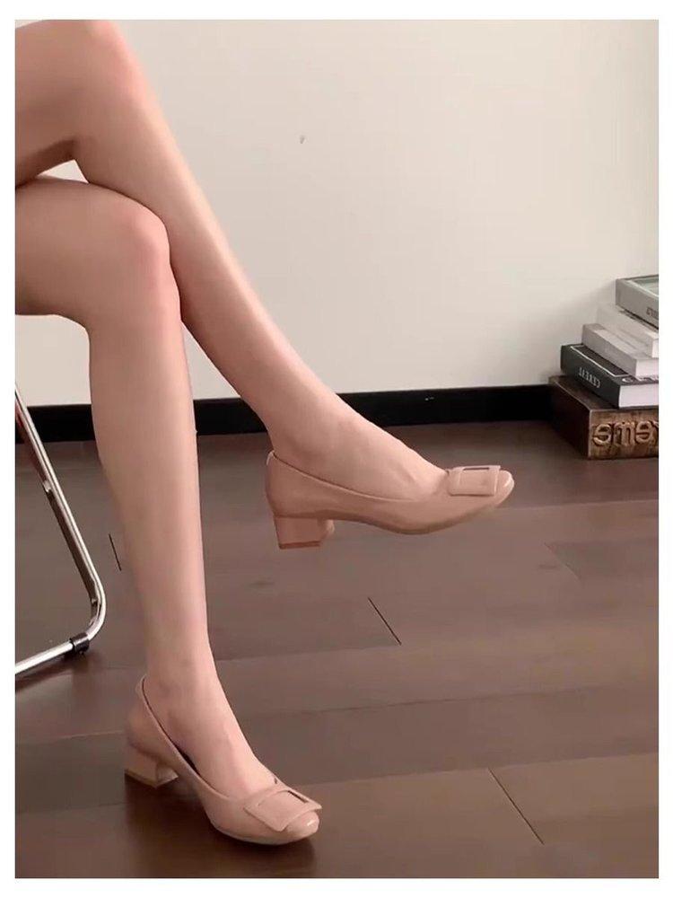 Популярные туфли-лодочки с квадратной пряжкой на толстом каблуке для женщин, весна 2025, новый французский темперамент, квадратный носок, средний каблук, офисные туфли на высоком каблуке