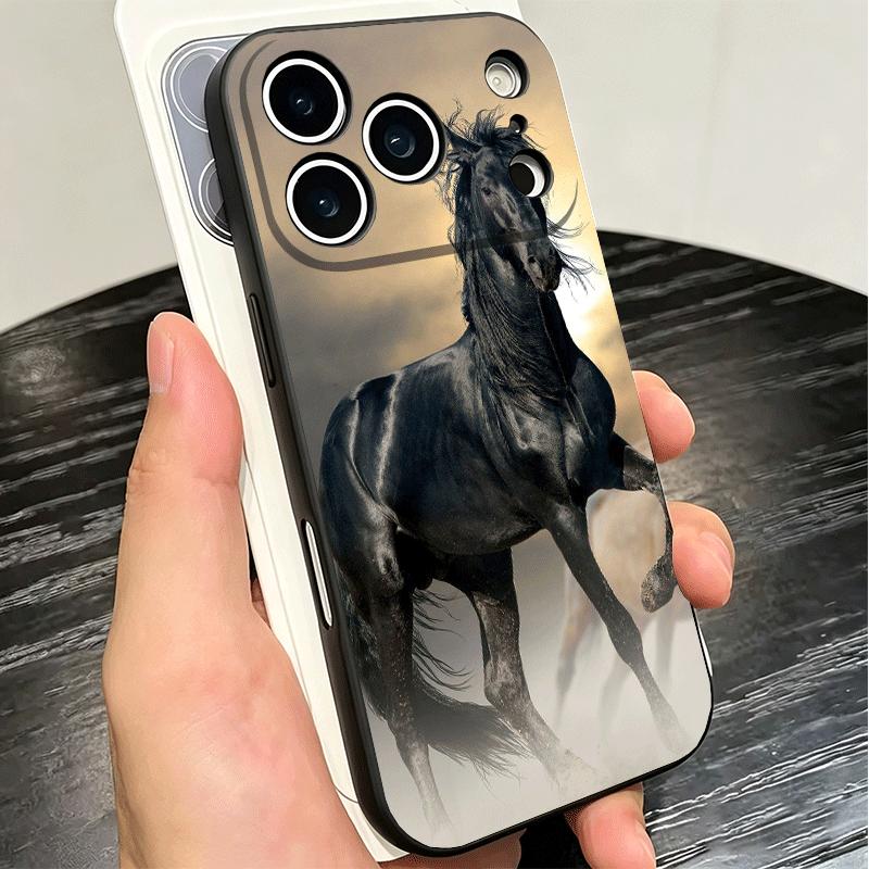 Мягкий чехол для телефона с изображением скачущей черной лошади для iPhone 16 16E 17 Air 15 Pro Max 14 Plus 13 Mini 11 12 7 Черная задняя крышка