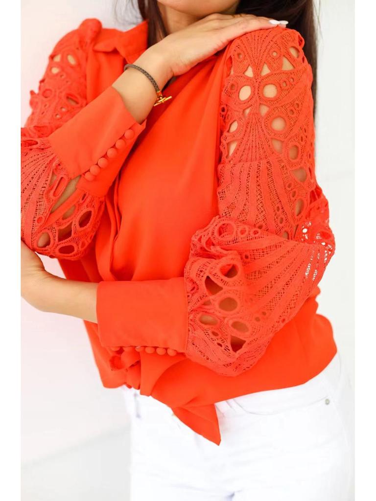Женская блузка свободного кроя с кружевной вставкой и ажурным узором, 2024