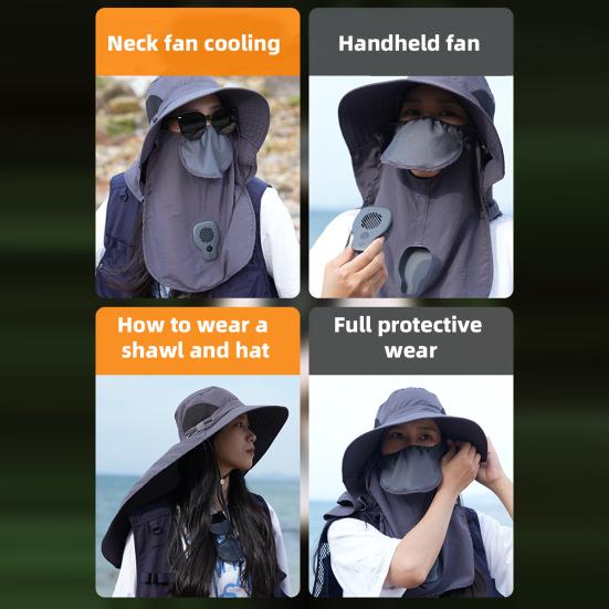 Sun Hat with Smart Fan Ventilation 360-Degree Sun Protection Adjustable Face Guard Shawl Design Outdoor Hat