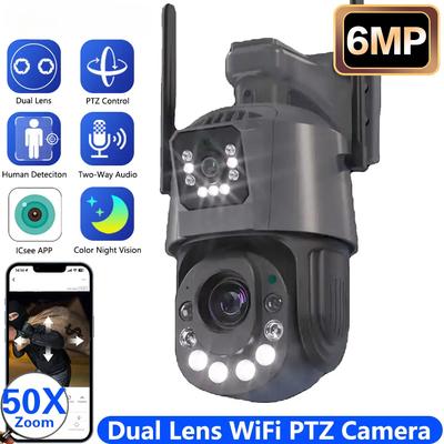 Новая 4K 6MP двусторонняя аудио камера с двумя объективами PTZ Wifi наружная 50-кратный оптический зум AI обнаружение человека 150-200M ночное видение IP камера iCsee