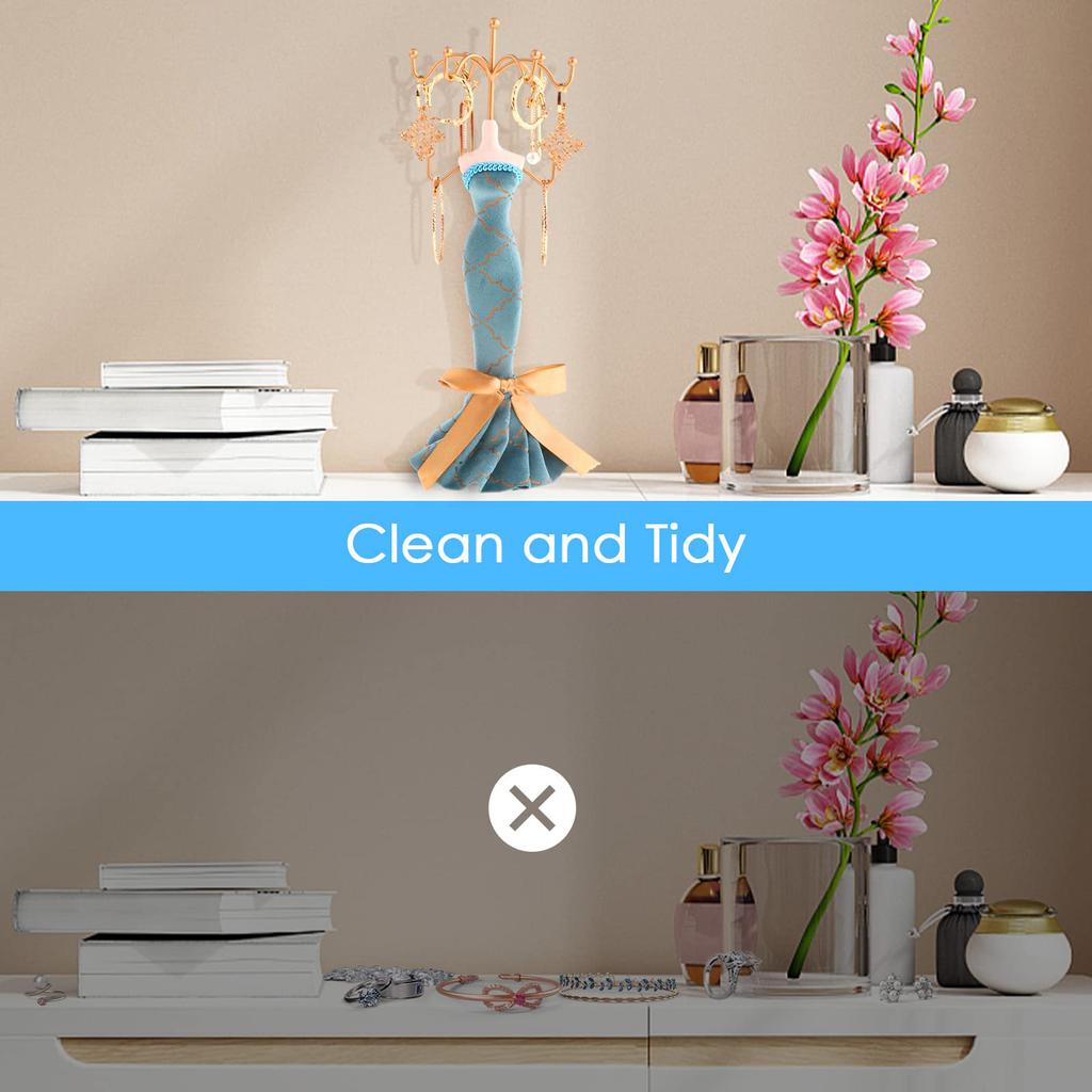 Элегантная подставка для украшений для женщин Синий манекен Платье принцессы Подставка-держатель для ожерелий и серег с золотыми акцентами