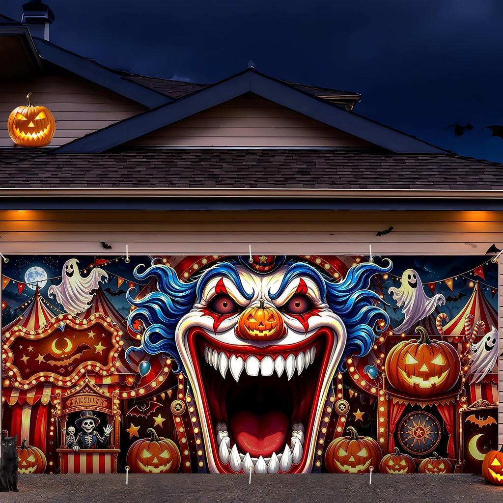7 x 16 FT Carnival Smile Halloween Garage Door Decorations Pumpkin Garage Doo...