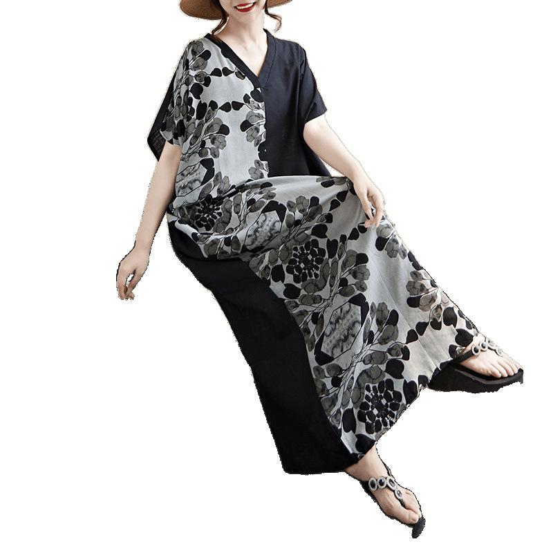 Хлопково-льняное художественное ретро-платье с V-образным вырезом, которое скрывает фигуру и стройнит. Женское длинное платье с короткими рукавами и цветными блоками.