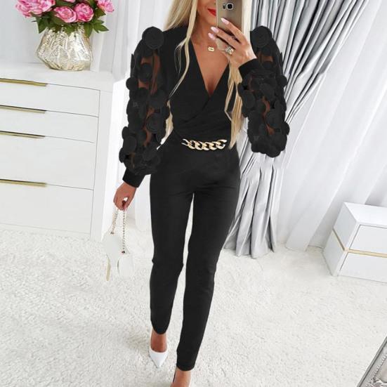 Женский комбинезон с аппликацией в виде розы, прозрачная сетка, декор в виде цепочки, приталенный, с V-образным вырезом, с высокой талией, однотонный