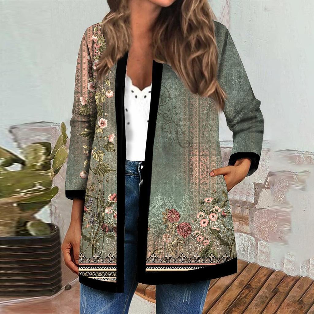 Women's Fall And Winter Fashion Casual Printed Long Sleeve Mid-Length Cardigan Jacket