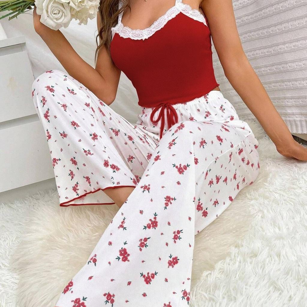 Summer new sexy lace suspender trousers pajamas women wear slim fit two-piece loungewear