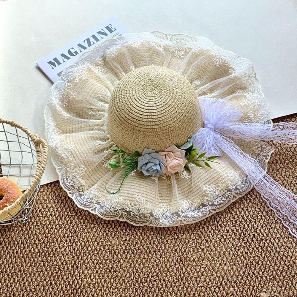 Flower Straw Hat Large Brim Wide Brim Hat Lolita Sun Hat Outdoor Activity