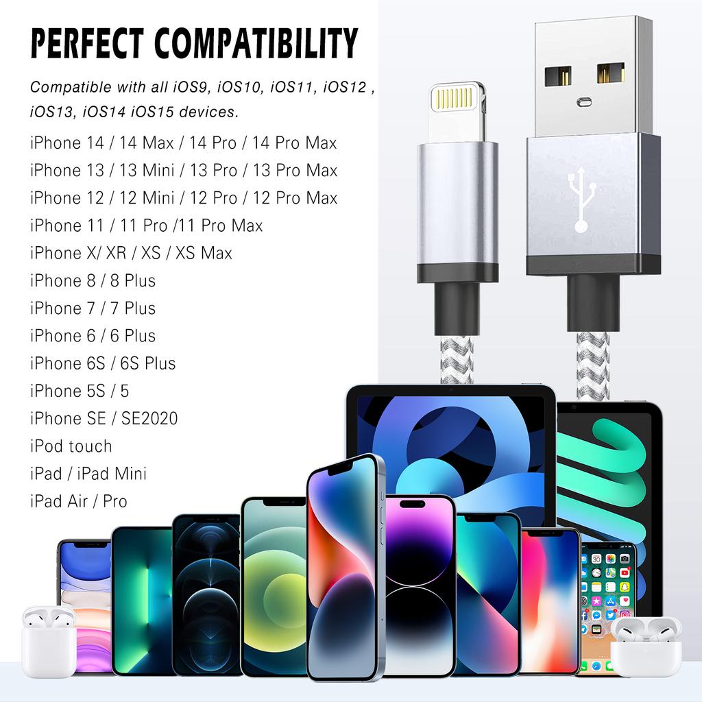 2 шт. сверхдлинный USB-кабель для быстрой зарядки iPhone 14, 8, 7 Plus, 13, 12, 11 Pro Max, XS, XR, 3A, USB-кабель для зарядки, плетеный провод