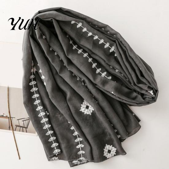 Lightweight Breathable Wrap Solid Color Embroidered Shawl for Women, Soft Gauze Scarf with Floral Oriental Style Vine Texture, 180x90cm Spring Summer