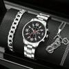 3PCS Fashion Mens Stainless Steel Watches Luxury Quartz Wristwatch Calendar Clock Men Business Casual Watch Bracelet Necklace Set