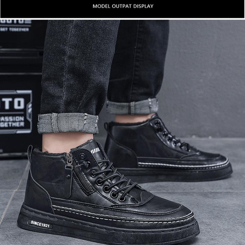 Модные зимние утолщенные бархатные высокие ботинки для мужчин, универсальные зимние ботинки в корейском стиле, нескользящая теплая хлопковая обувь и кожаная обувь