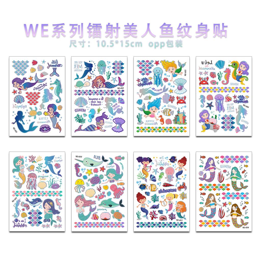 Children'S Watercolor Wind Mermaid Tattoo Sticker Glitter Unicorn Glitter Waterproof Tattoo Sticker