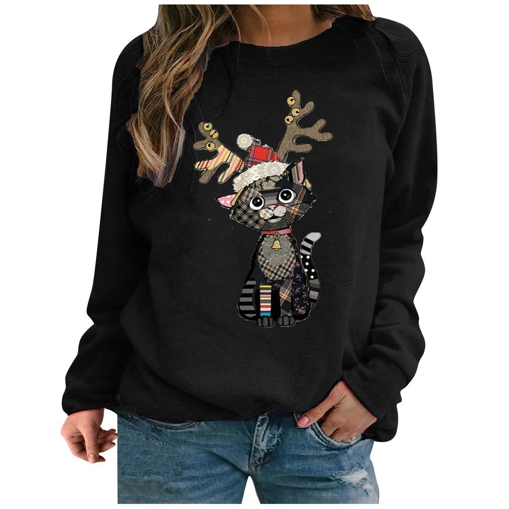 Women's Cat Print Sweater Long Sleeve Top wTWomen's Clothing