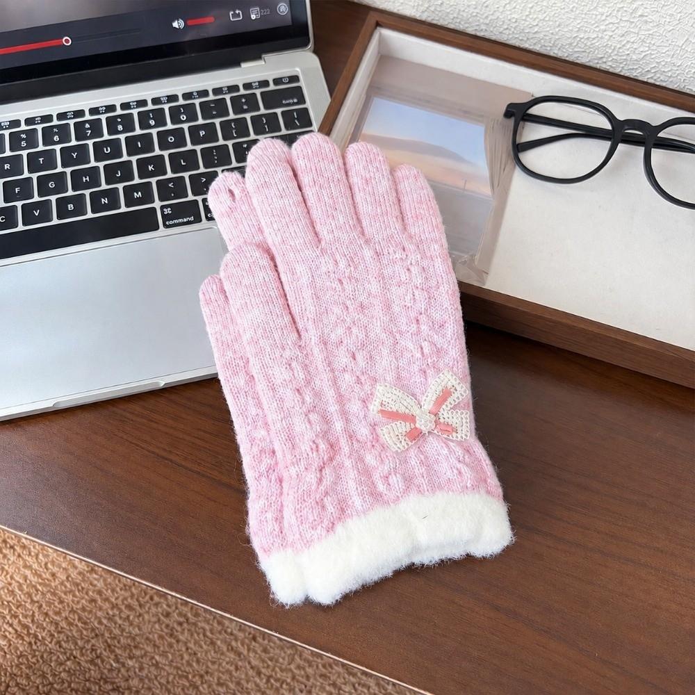 Fleece Lined One Tip Touch Screen Gloves Bow Decoration Cold Proof Gloves Outdoor Activities