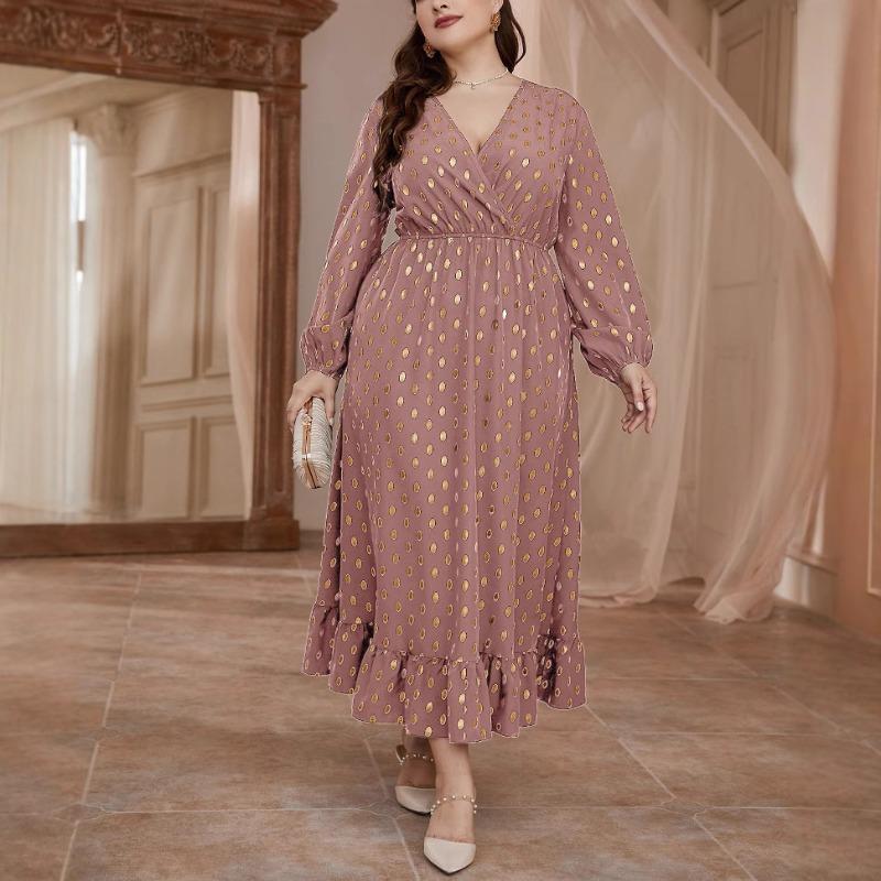 Плюс Размер Женщин Высокая Талия Горошек Новое Платье Эластичный Пояс Принт