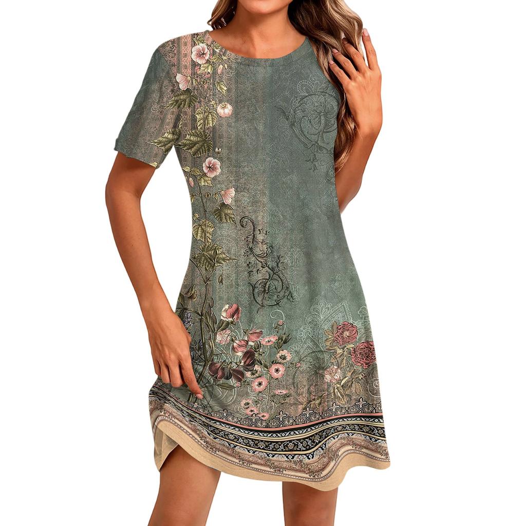 Women's Fashion Casual Print Round Neck Short Sleeve Short Dress