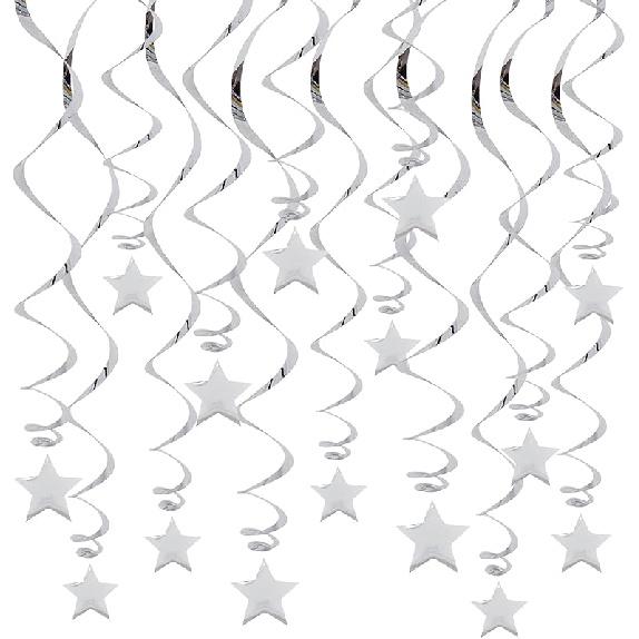 BEISHIDA Silver Star Hanging Swirl Decorations,Hanging Silver Party Supplies for Graduation Wedding Baby Shower Decorations, Pack of 15