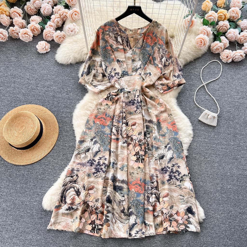 Платье с пышными рукавами и цветочным принтом на талии, женское летнее облегающее пляжное платье в стиле супер феи в курортном стиле