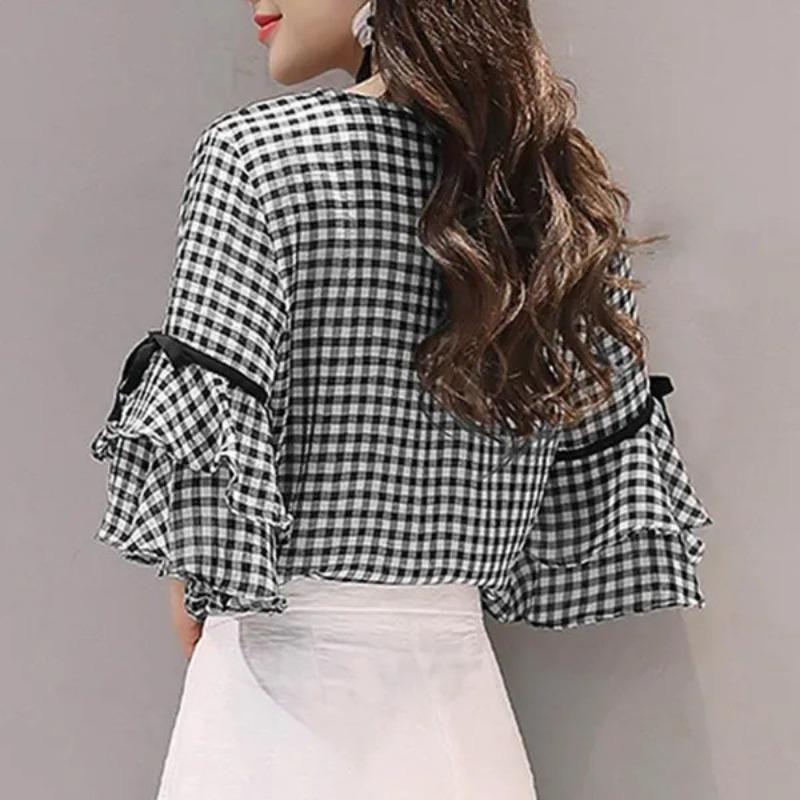 Женская праздничная рубашка в клетку с рюшами и подолом, рукавами для вечеринок