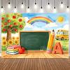 Back to School Rainbow Balloon Backdrop Stationery Pencil Ruler Backpack Globe Kids First Day of School Party Photo Backgrounds