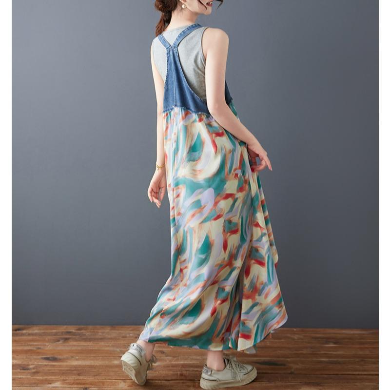 DIMANAF 2025 New Summer Women Plus Size Loose Vintage Printing Dress Basic Denim Spliced Sundress Casual Long Dress