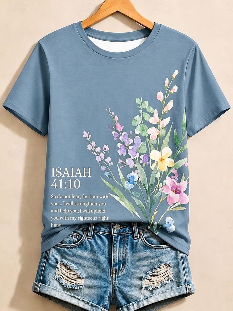 Women's T Shirt Print Floral Graphic Letter Vintage Stylish Classic Short Sleeve Crew Neck Regular Tops Casual Daily Weekend