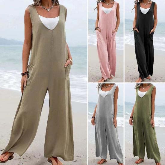 Женский комбинезон, однотонный, простой, удобный, не скатывается, свободный, повседневный, без рукавов, с глубоким промежутком, летний комбинезон, повседневная одежда