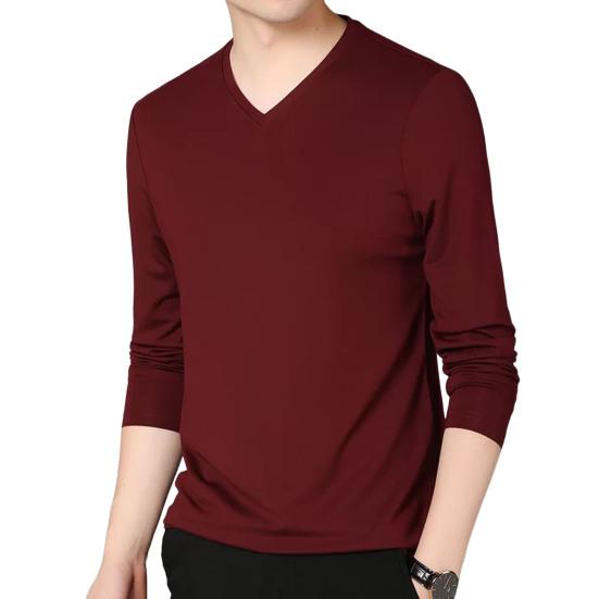 Men Fall Spring Top V Neck Long Sleeves Pure Color Slim Fit